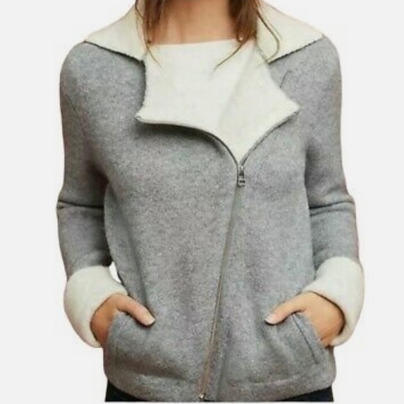 Anthropologie Alpaca Wool Blend Moto Knit Jacket Asymmetric Zip Gray Cream-Large - Picture 1 of 12